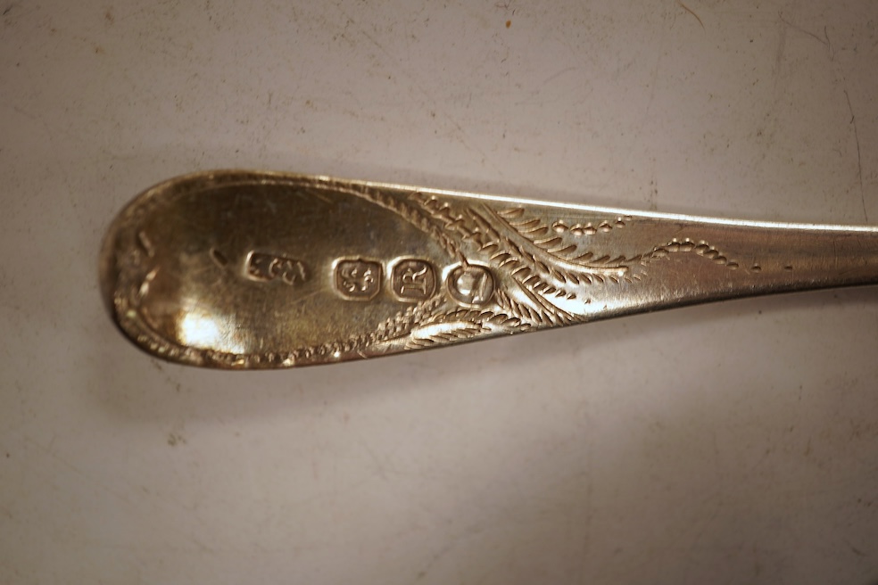 Three George III silver berry spoons, comprising a teaspoon and two Old English pattern tablespoons, one by Parsons & Goss, Exeter, 1807, 22.8cm, 4.2oz.